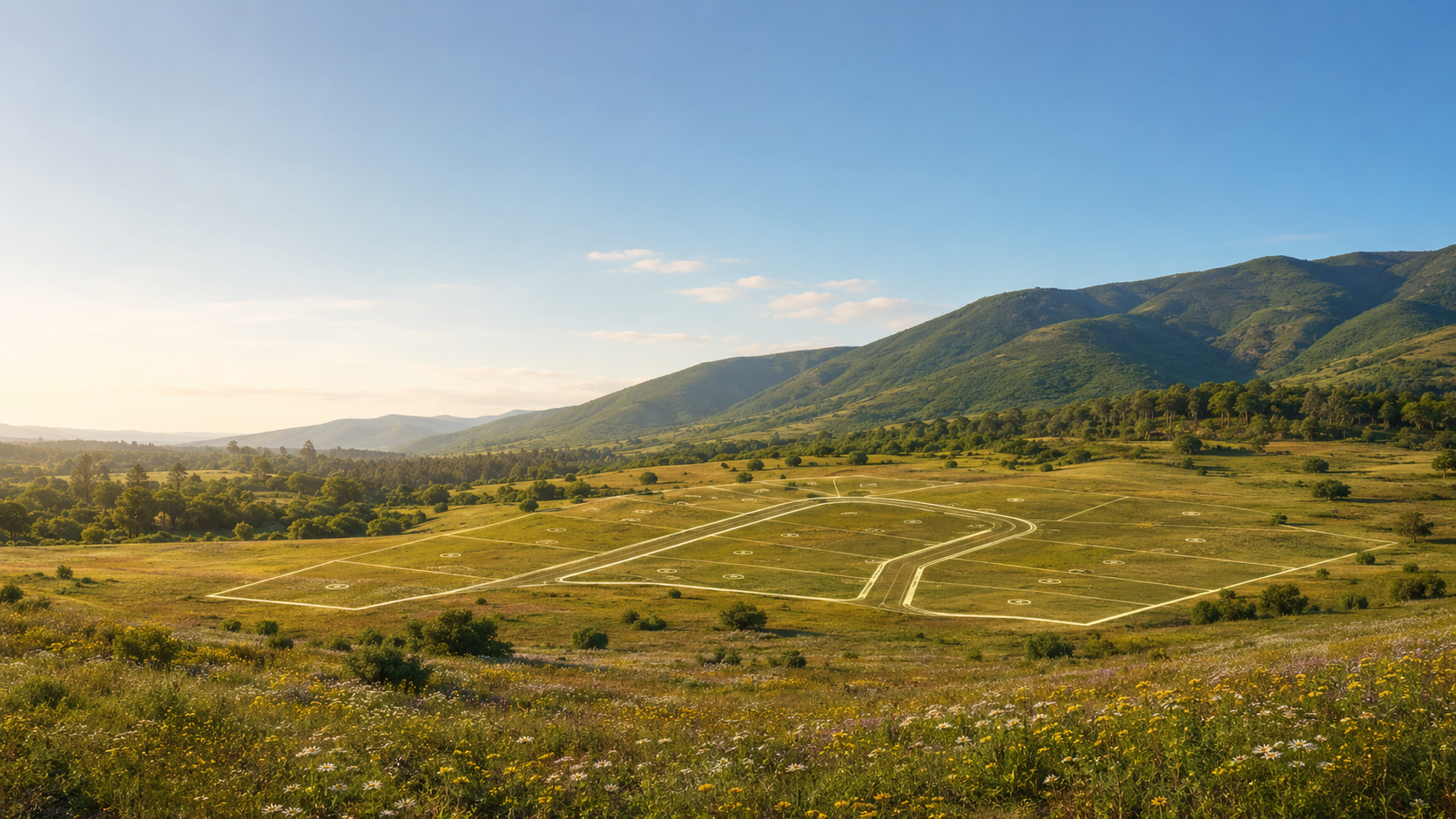 Vista panorámica del loteo con cerros y pradera de flores